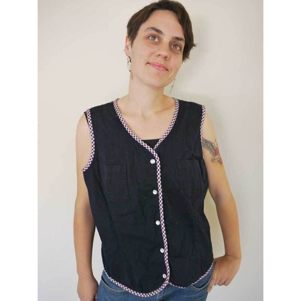 Vintage 70s Granny Mu Mu Garden House Vest Pearl Snaps Cotton Blend M-L